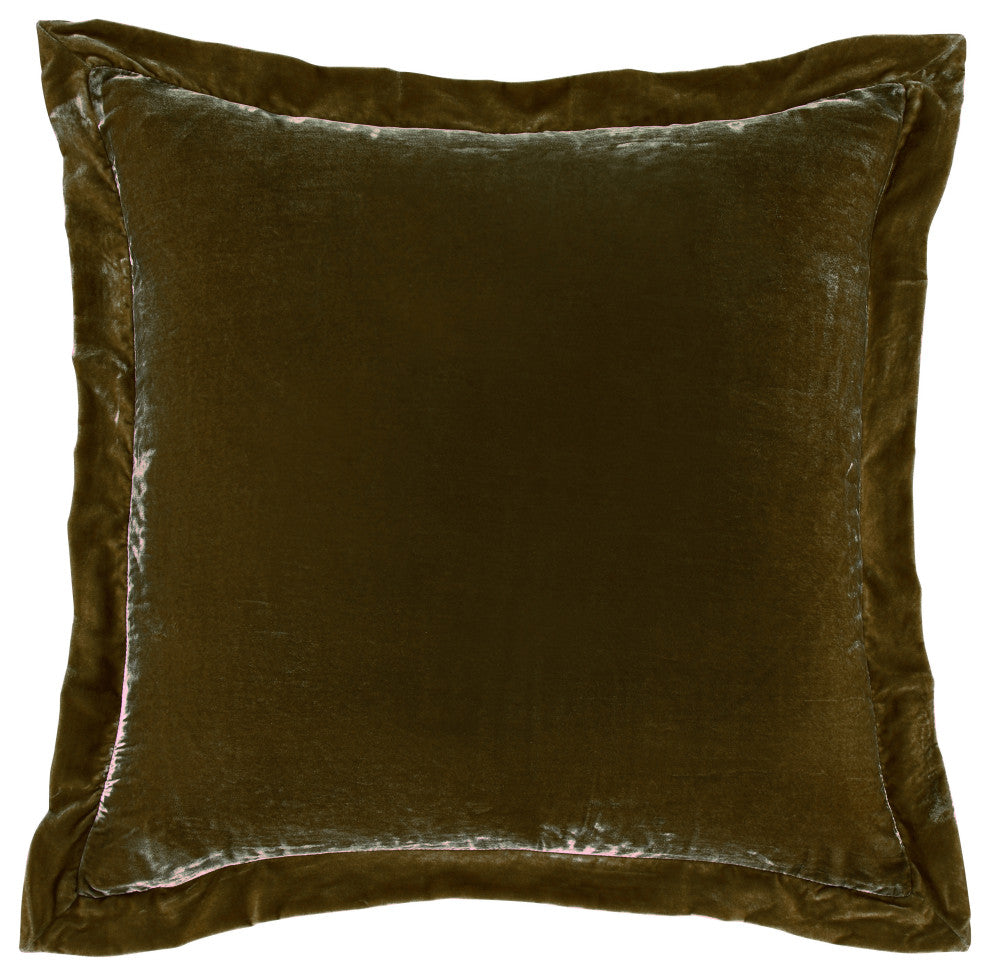 Stella Silk Velvet Flanged Euro Sham, 27"x27", Green Ochre