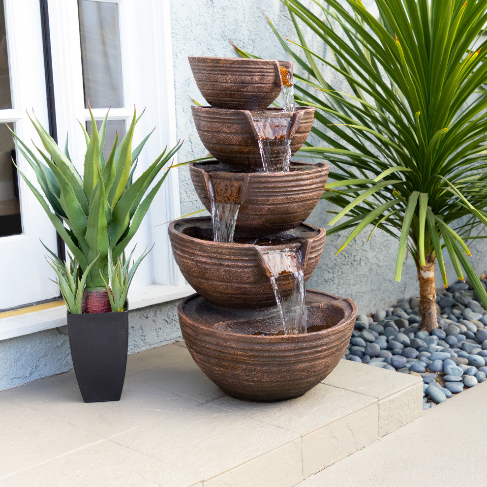 34" Tall Outdoor 5-Tier Modern Bowl Cascading Waterfall Fountain With LED Lights