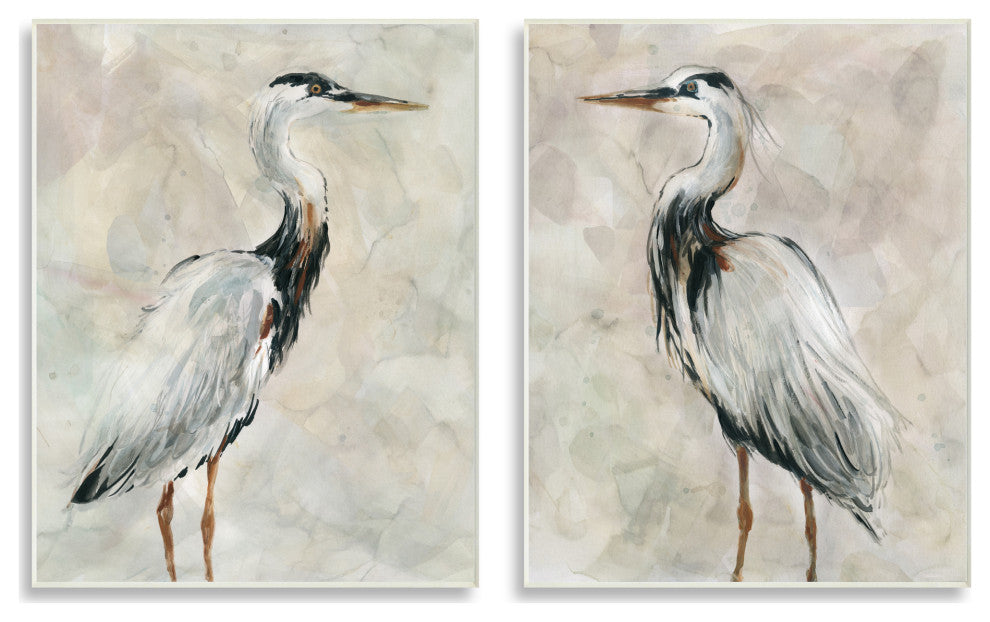 Abstract Watercolor Great Heron Birds Expressive Tan Feathers,13 x 19