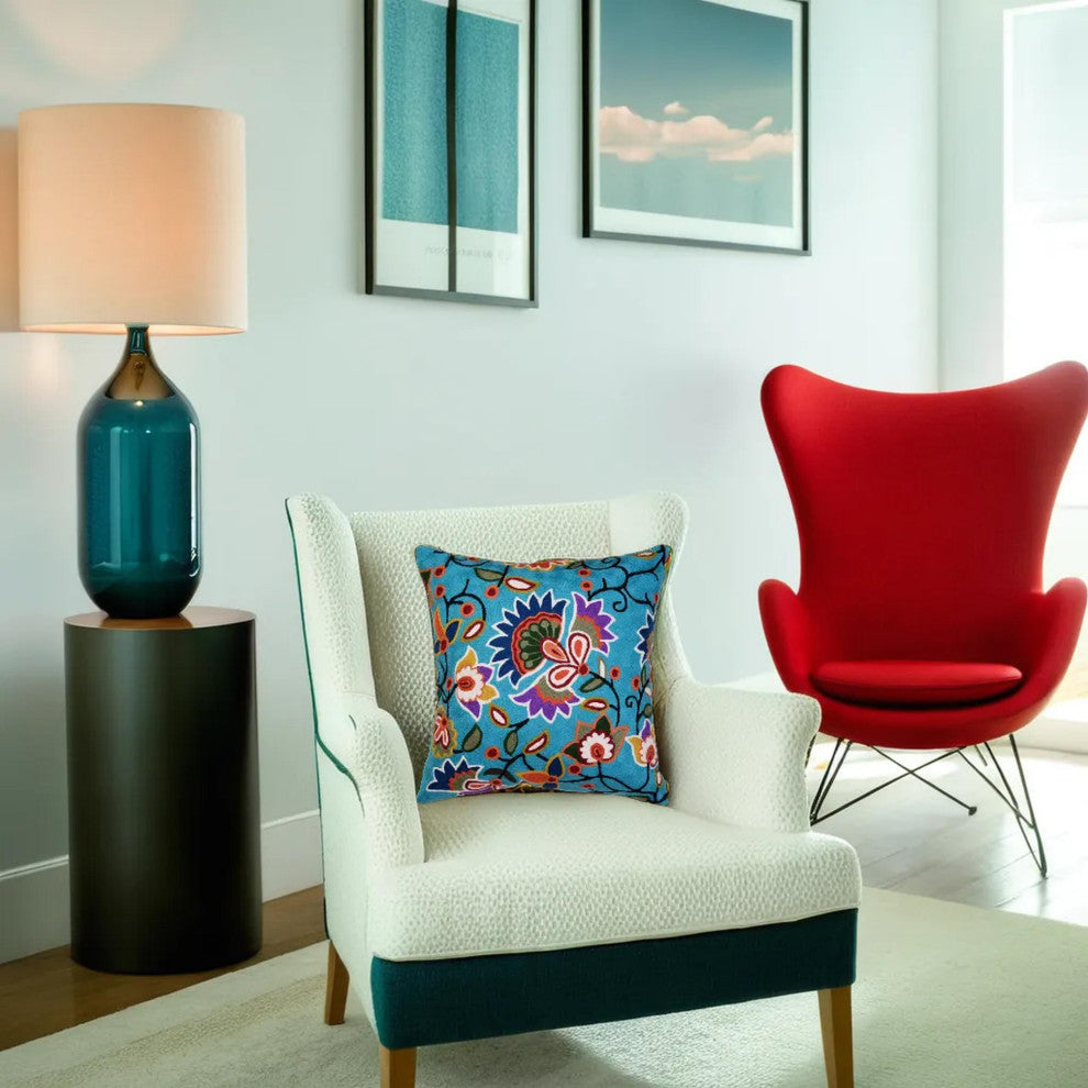 Turquoise Floral Pillow Cover Hand Embroidered Modern Design Wool 18x18