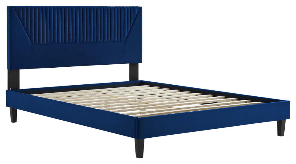 Yasmine Channel Tufted Performance Velvet Twin Platform Bed, Navy