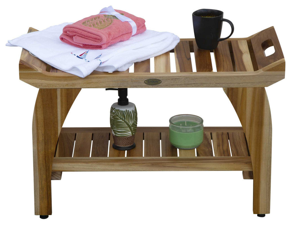 HomeRoots Rectangular Teak Shower Bench With Handles, Natural Finish
