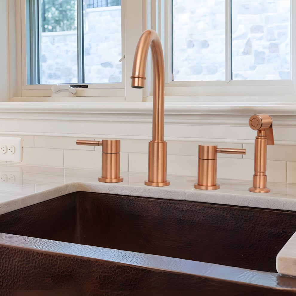 Two-Handles Copper Widespread Kitchen Faucet With Side Sprayer, Copper
