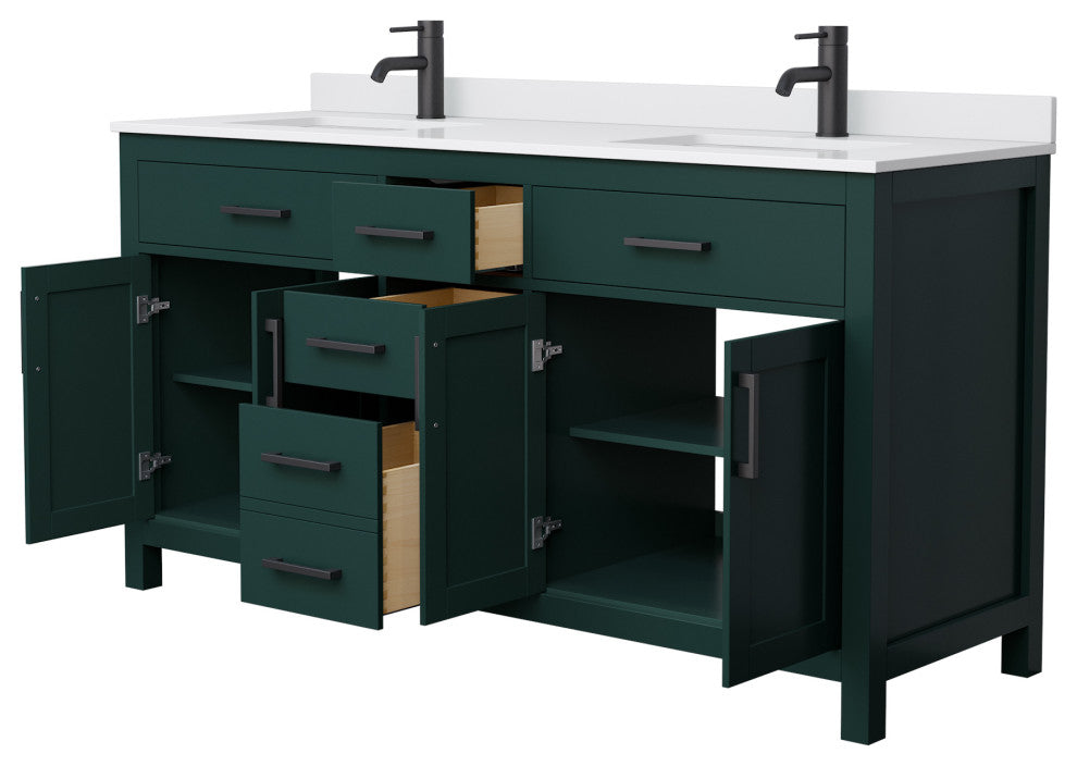 66"DBL Bathroom Vanity Green, White Cult. Marble Countertop, Sinks, Black Trim