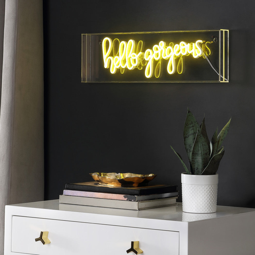 Hello Gorgerous 20" Contemporary Acrylic Box USB Operated LED Neon Light, Yellow