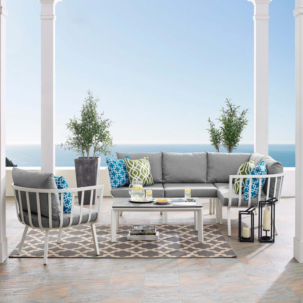 Lounge Sectional Sofa Chair Set, Aluminum, Metal, White Gray, Outdoor