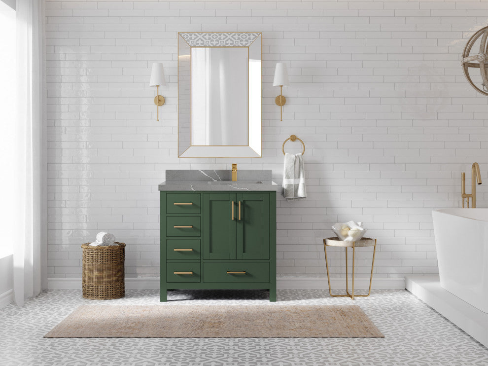Malibu 36 Right Offset Bath Vanity in Lafayette Green 2" Piatra Gray