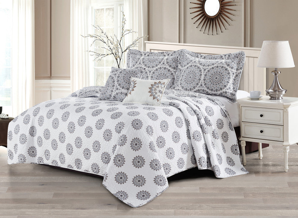 Tribal Medallion 5 Piece Printed Microfiber Quilts Set, Gray, King 102"x90"