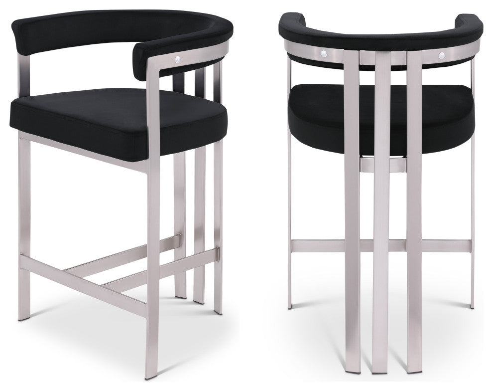 Marcello Upholstered Counter Stool, Black, Velvet, Brushed Chrome