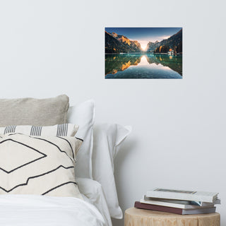 Sunrise Misty Mountain Lake Lively Color Landscape Photo Loose Wall Art Print, 12" X 18"