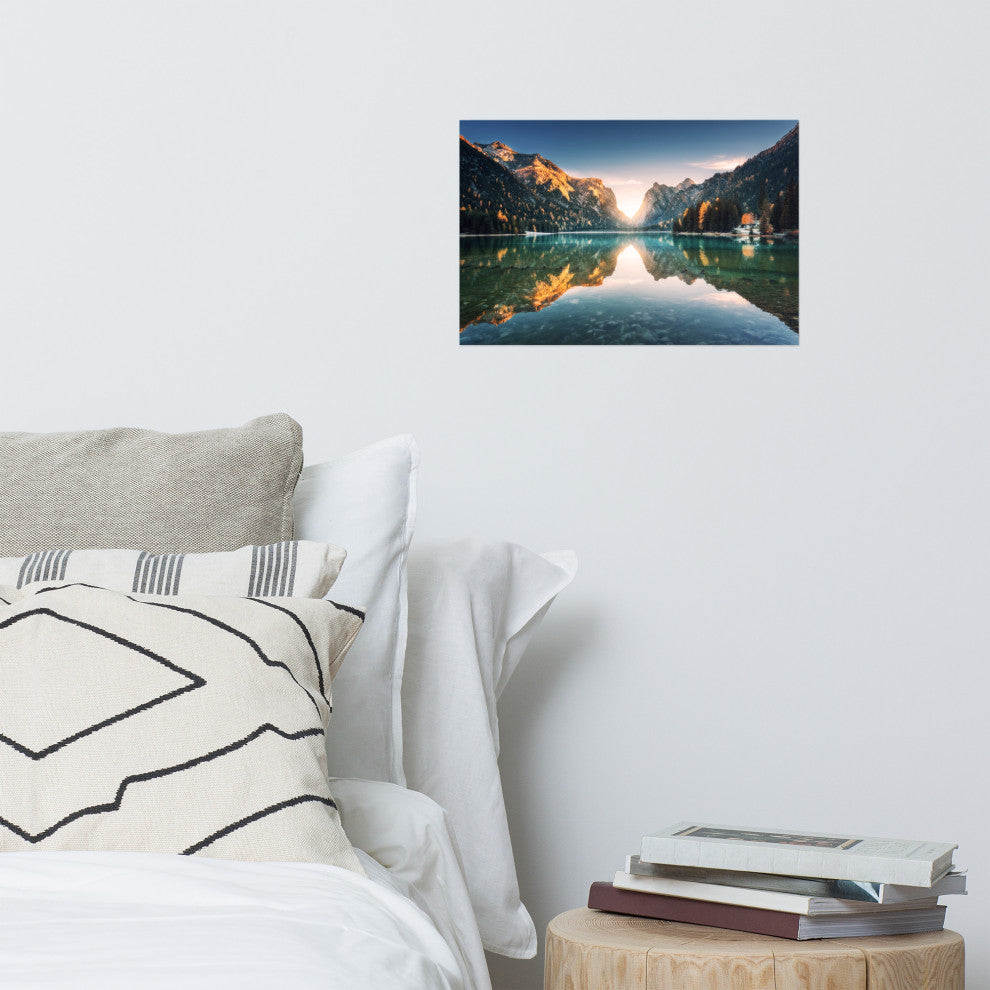 Sunrise Misty Mountain Lake Lively Color Landscape Photo Loose Wall Art Print, 12" X 18"