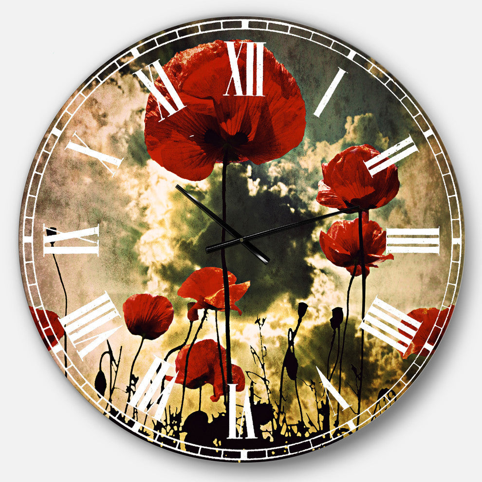 Poppies On Thunderstorm Background Floral Metal Clock, 36x36