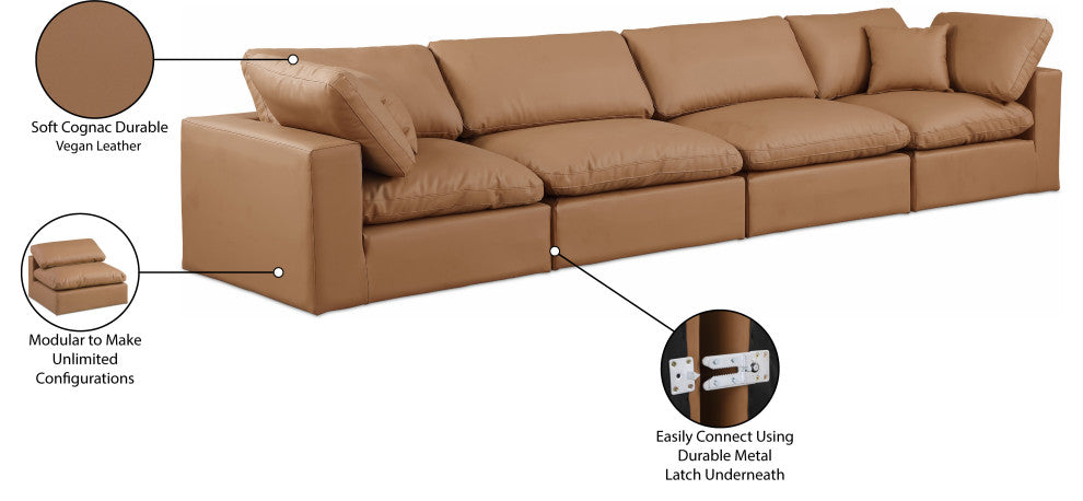 Comfy Upholstered Modular Sofa, Cognac, 4-Piece: 2 Armless Chair, 2 Corner Chair, Vegan Leather