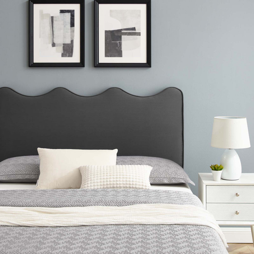 Platform Bed Frame, King Size, Charcoal Gray, Velvet, Modern, Guest Suite