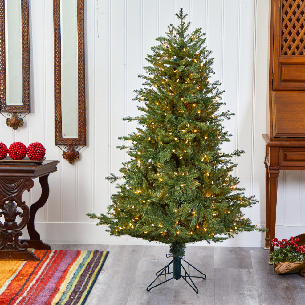 5' New Hampshire Spruce Faux Xmas Tree W/300 White Lights & Bendable Branches