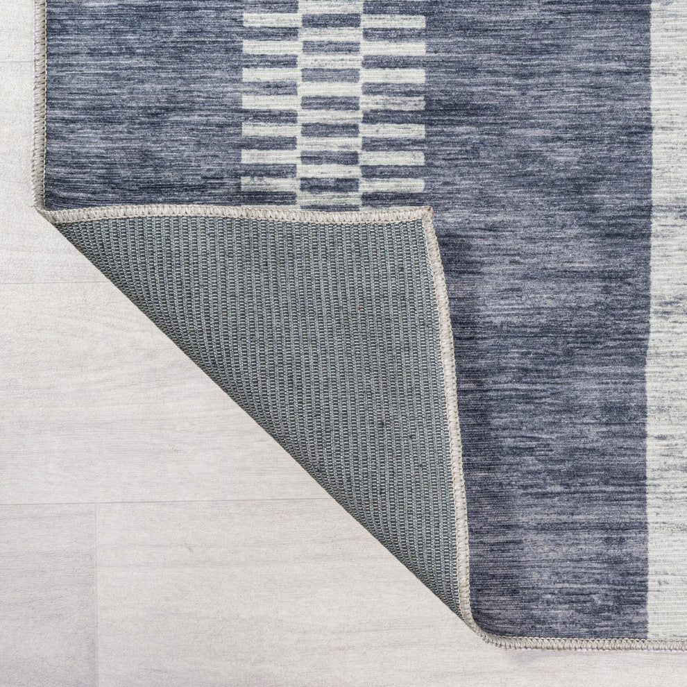 Vichy Geometric Striped Machine-Washable Area Rug, Slate Gray/Ivory, 2 X 8