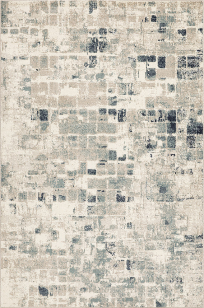 3"x5" Beige Blue Abstract Tiles Distressed Area Rug