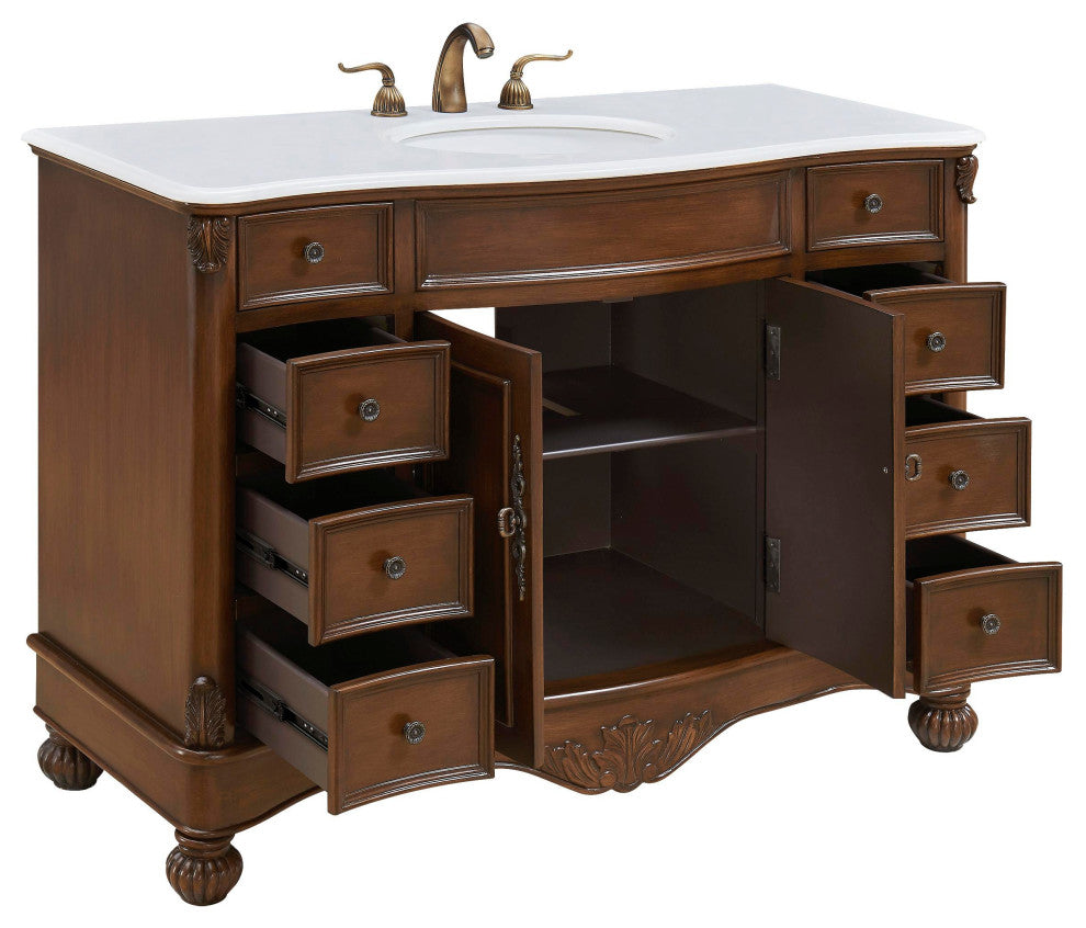 48" Single Bathroom Vanity, Teak Color With ivory white engineered marble, 48