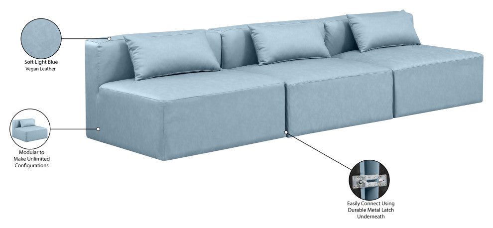 Cube Upholstered Modular Sofa, Light Blue, 4-Piece: 4 Armless Chair, Vegan Leather