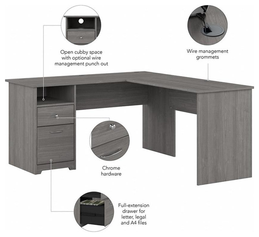 Cabot 60W L Shaped Computer Desk with Drawers in Modern Gray - Enginee
