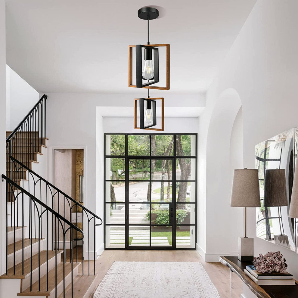 Farmhouse Pendant Light Wood Square Foldable Pendant Lamp