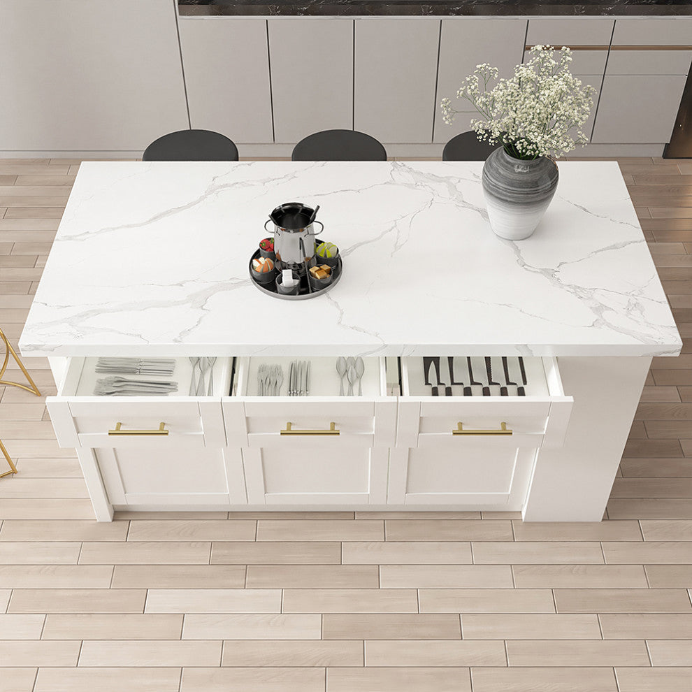 72" Large White Kitchen Island With Storage Modern Kitchen Cabinet, White, Laminate