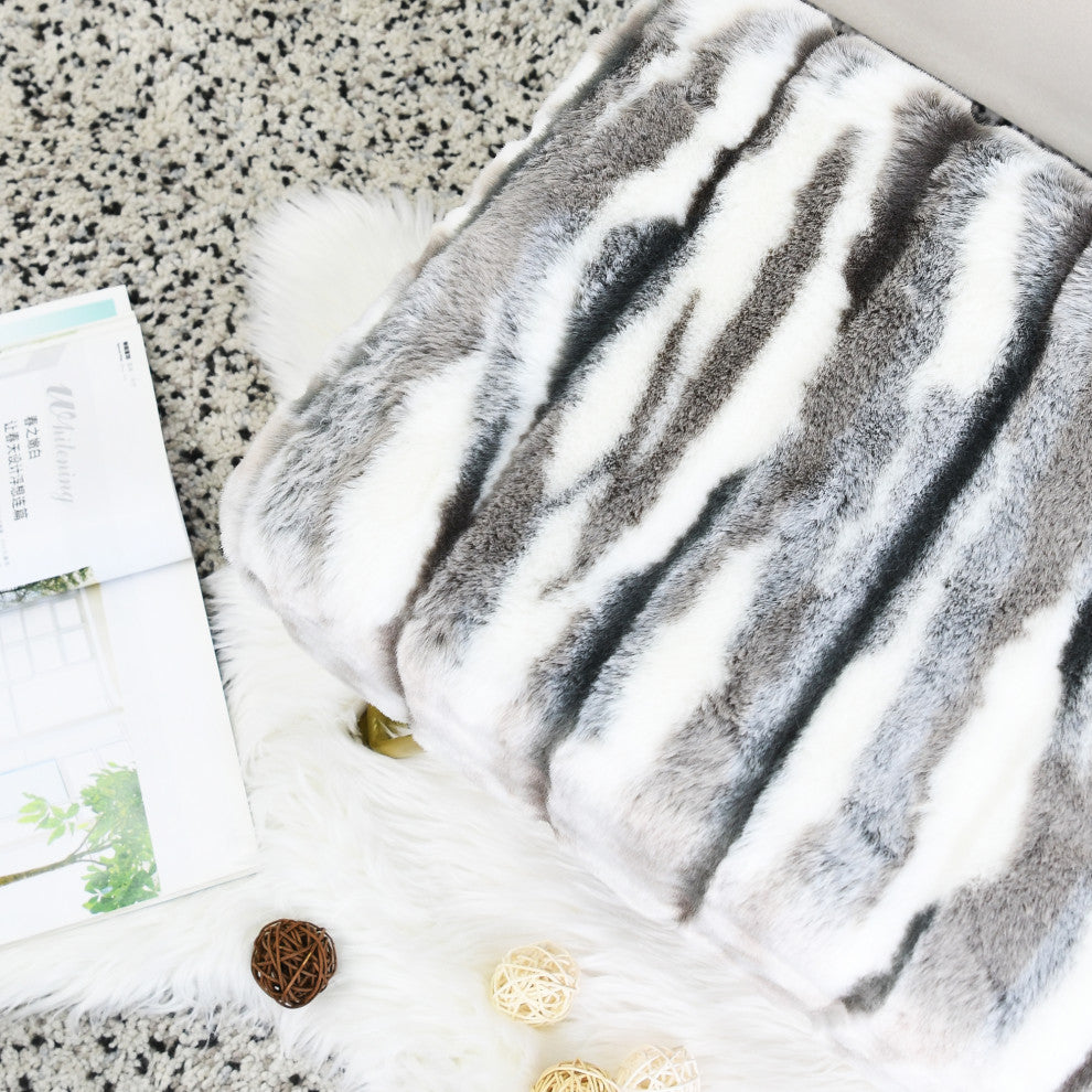 Multi Jacquard Faux Fur Ottoman, Grey, 19"x13"x7"