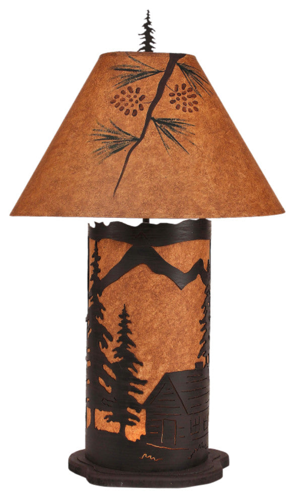 Large Kodiak and Rustic Brown Cabin Scene Table Lamp With Nightlight