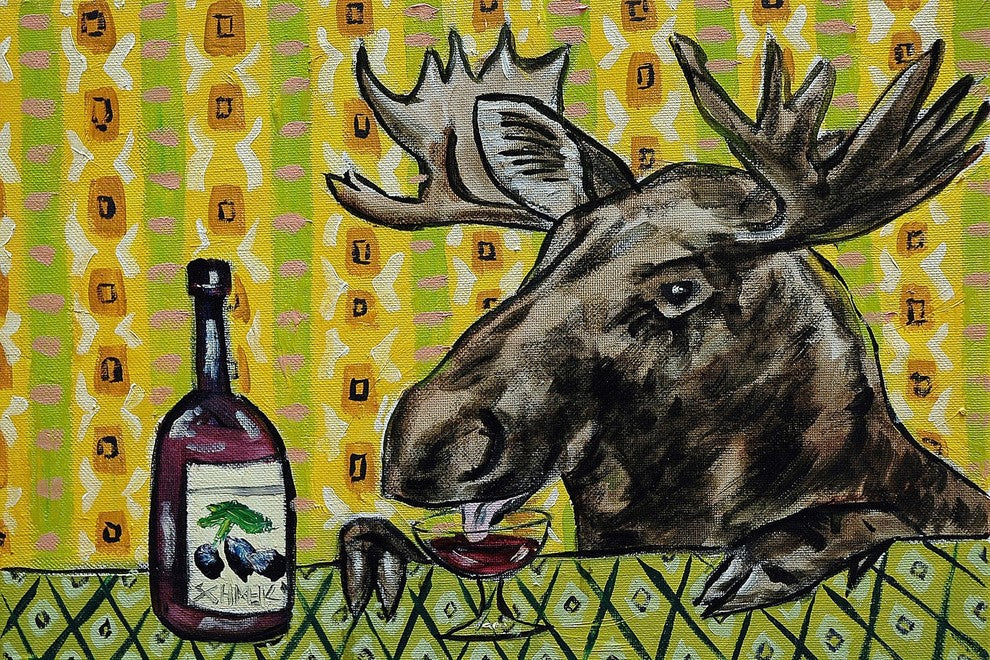 "Moose Wine" Painting Print on Wrapped Canvas, 36"x24"