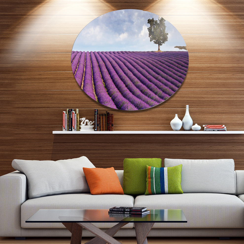 Lone Tree In Provence Lavender Field, Landscape Round Artwork, 11"