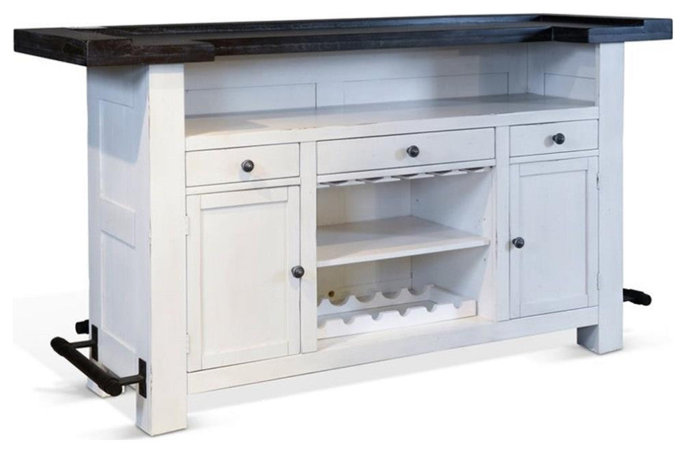 Sunny Designs Carriage House 78" Farmhouse Wood Bar Unit in Dark Brown/White