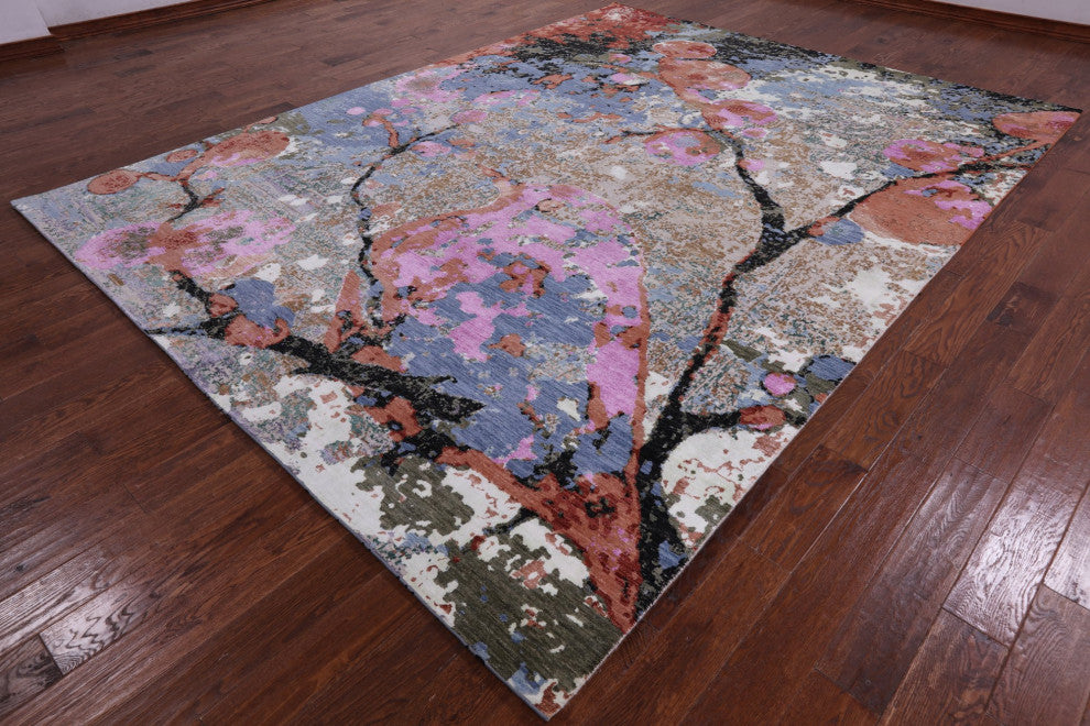 9' 0" X 12' 0" Bird Design Modern Handmade Wool and Silk Rug Q7199