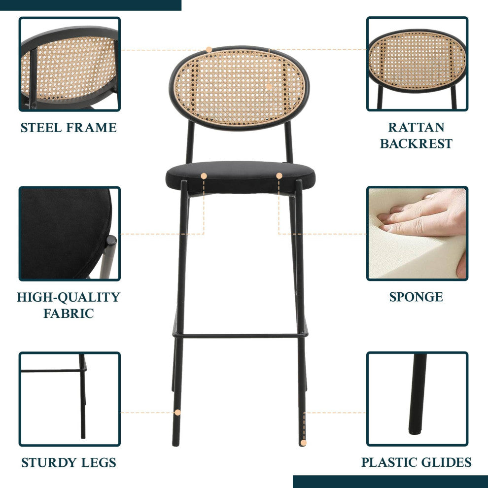 LeisureMod Euston Wicker Bar Stool With Black Steel Frame and Footrest, Black