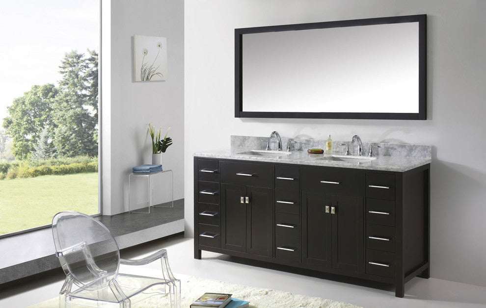Virtu Caroline Parkway 72" Double Bathroom Vanity, Espresso With Faucet, Mirror