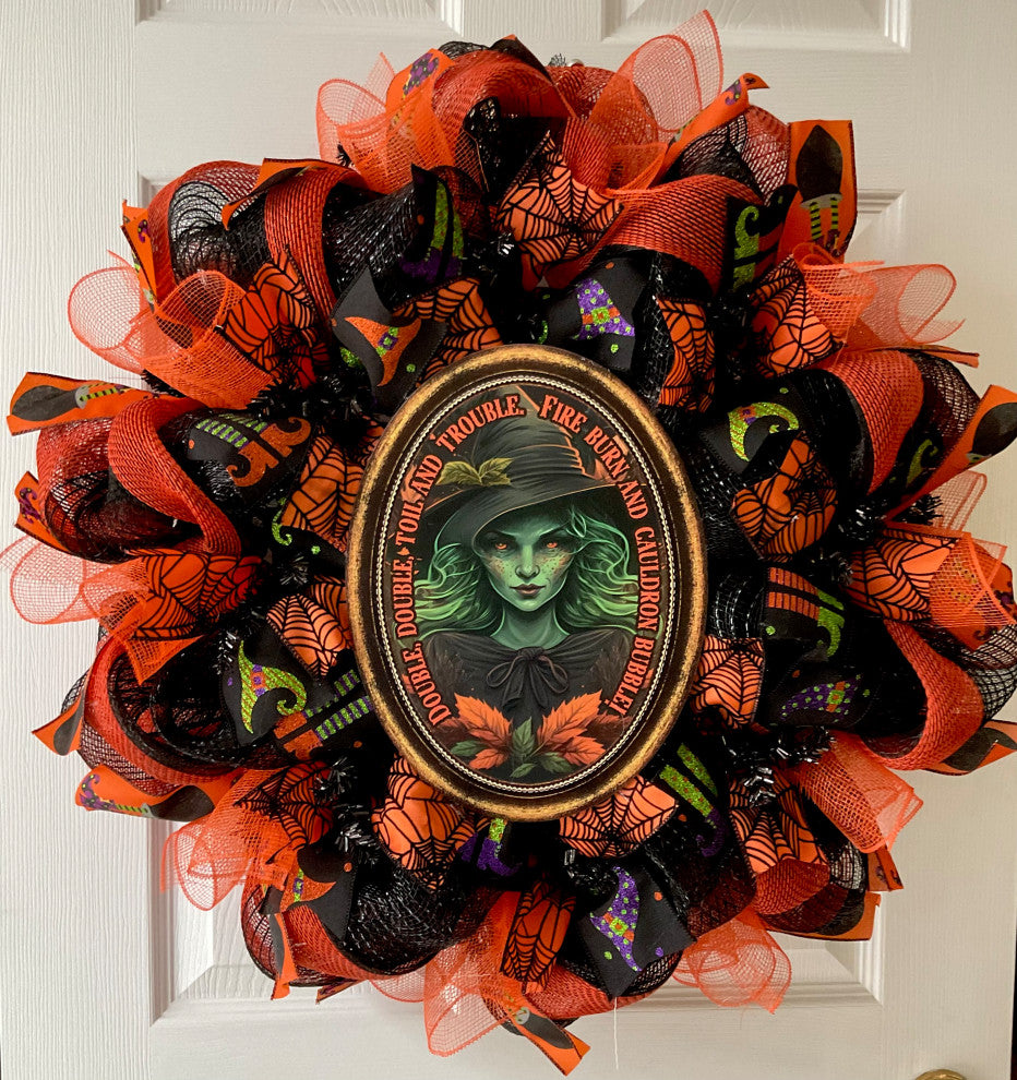 Double Double Toil and Trouble Witch Halloween Deco Mesh Wreath 24 and 28 inch, Extra Large