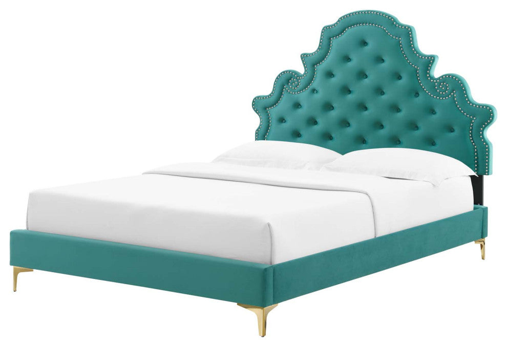 Tufted Platform Bed Frame, Twin Size, Velvet, Teal Blue, Modern Contemporary