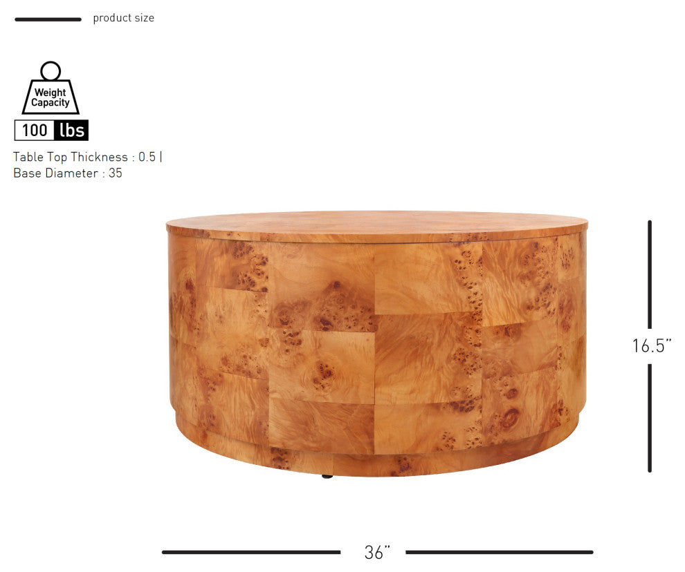Arsenio Burl Wood Round Table, Golden Brown Burl, Coffee Table