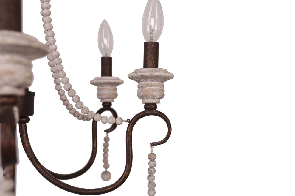 6-Light French Country chandelier With Wood Bead Strings Distressed Wood, Rusty