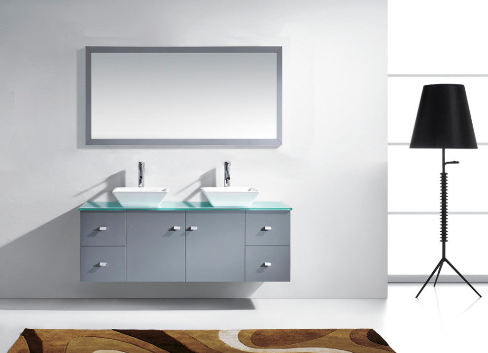 Clarissa 61" Double Bathroom Vanity Set, Gray, Aqua Tempered Glass Countertop, P