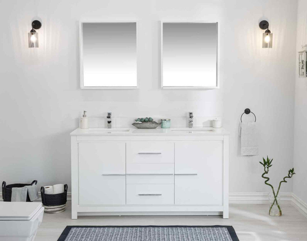 Mila Collection 60" Bathroom Vanity With Sink, Mirror, Countertop, Snow White