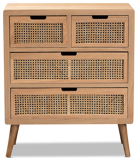 Alina Modern Medium Oak Finished Wood and Rattan 4-Drawer Accent Storage Cabinet