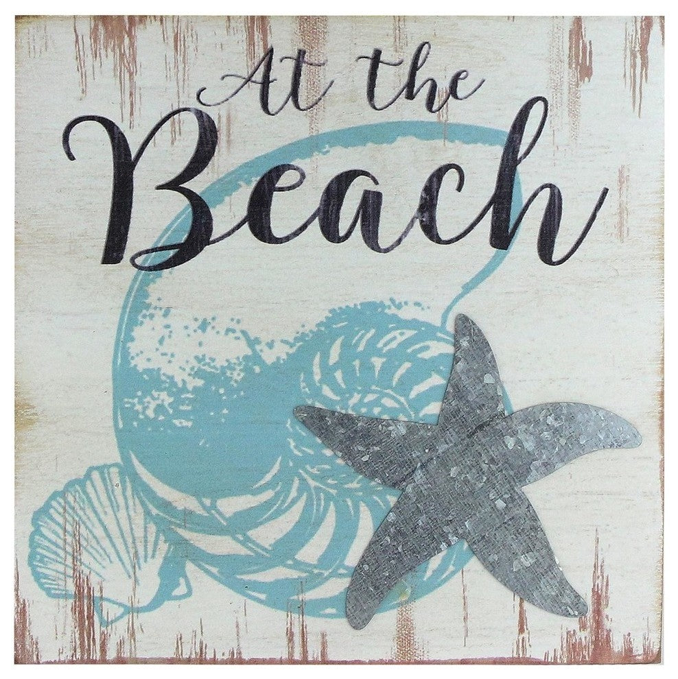 8" Blue and White "At the Beach" With Seashells Starfish Distressed Wall Plague