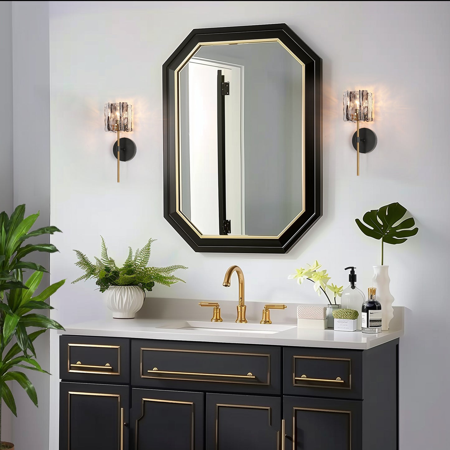 LNC Tucana Polished Gold and Matte Black Modern Wall Sconce, Textured Glass, 1 Light