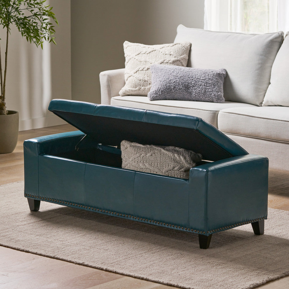 GDF Studio Robin Studded Beige Fabric Storage Ottoman Bench, Teal