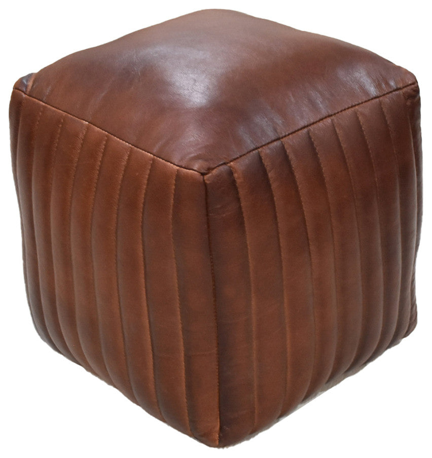 Poufs-Solid Handmade Goat Leather Pouf, Recycled Cotton Fill, Brown, Square [16x16x16]