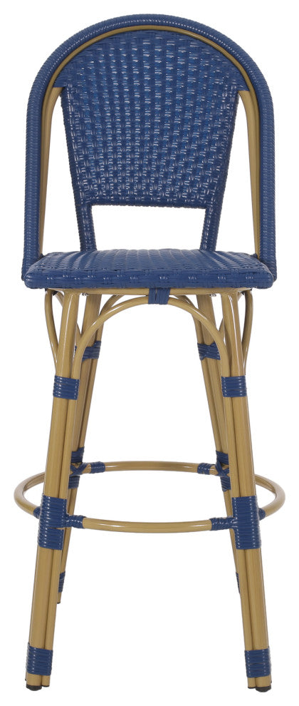Cotterell Outdoor French Wicker and Aluminum 29.5" Barstools, Set of 4, Navy Blue/Bamboo Finish