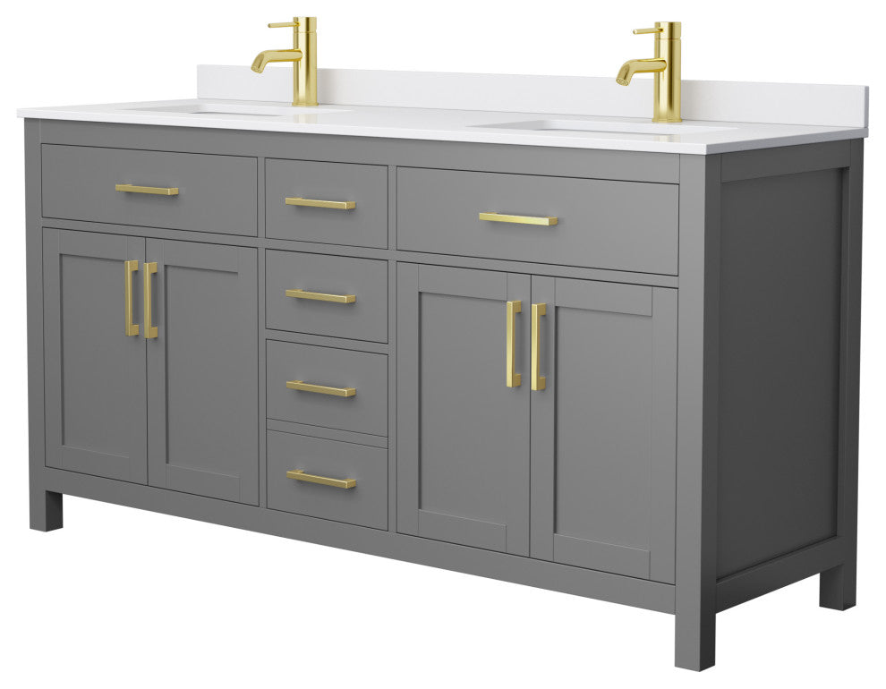 66"DBL Bathroom Vanity Dark Gray, White Cult.Marble Countertop, Sinks, Gold Trim
