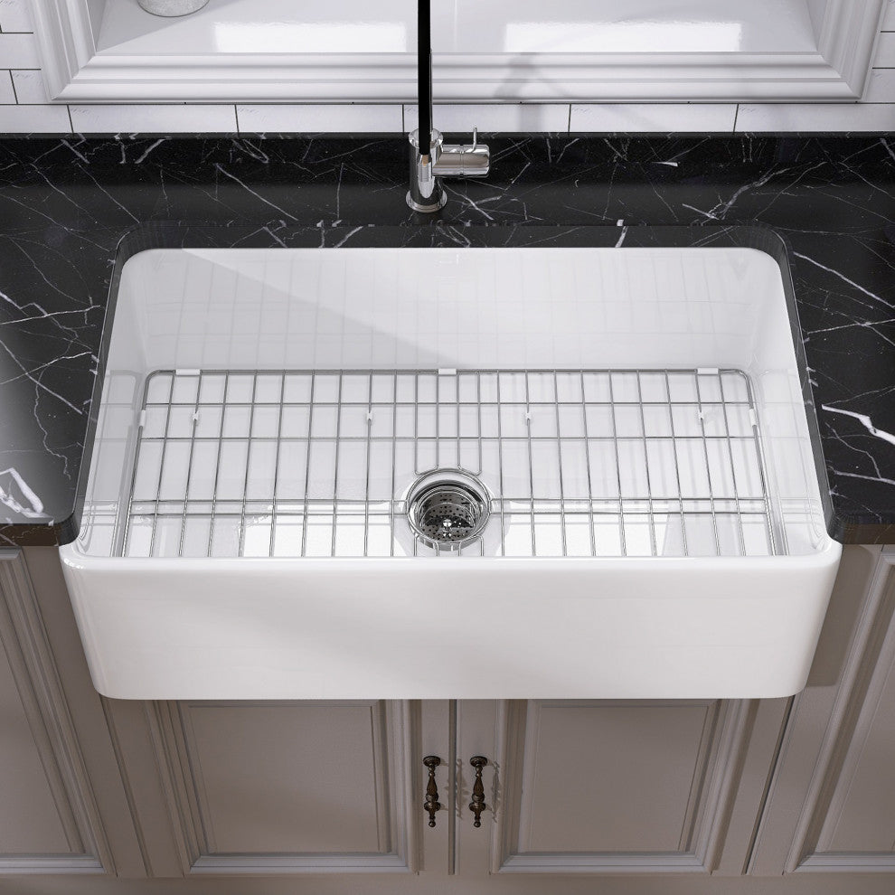 36"L x 20"W  White Single Bowl Fireclay Farmhouse Kitchen Sink With Accessories