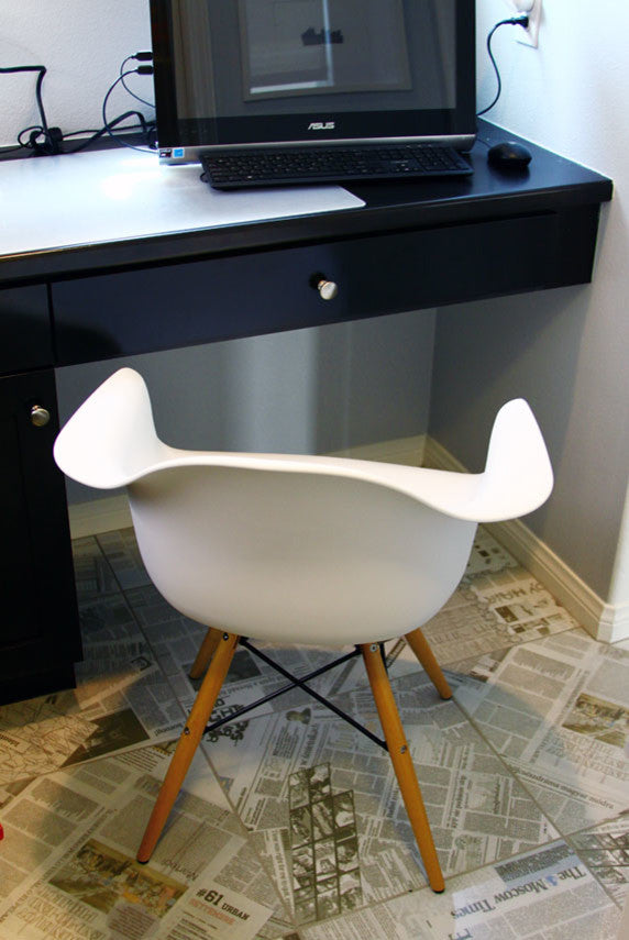 DAW White Mid Century Modern Plastic Dining Armchair, Wood Eiffel Legs