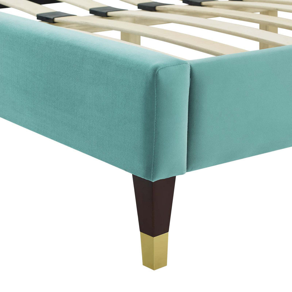 Platform Bed Frame, Twin Size, Velvet, Blue, Modern Contemporary, Bedroom Master